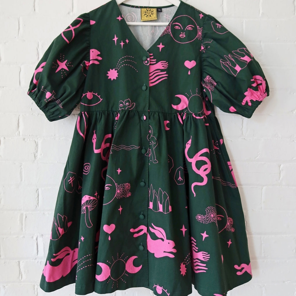 ISO LO x Laura Callaghan Hidden Symbols Puff Sleeve Dress